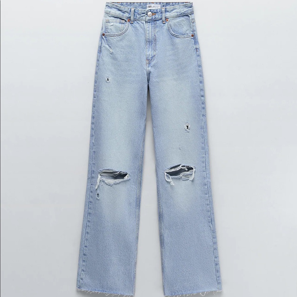 ZARA WIDE LEG FULL LENGTH RIPPED JEANS